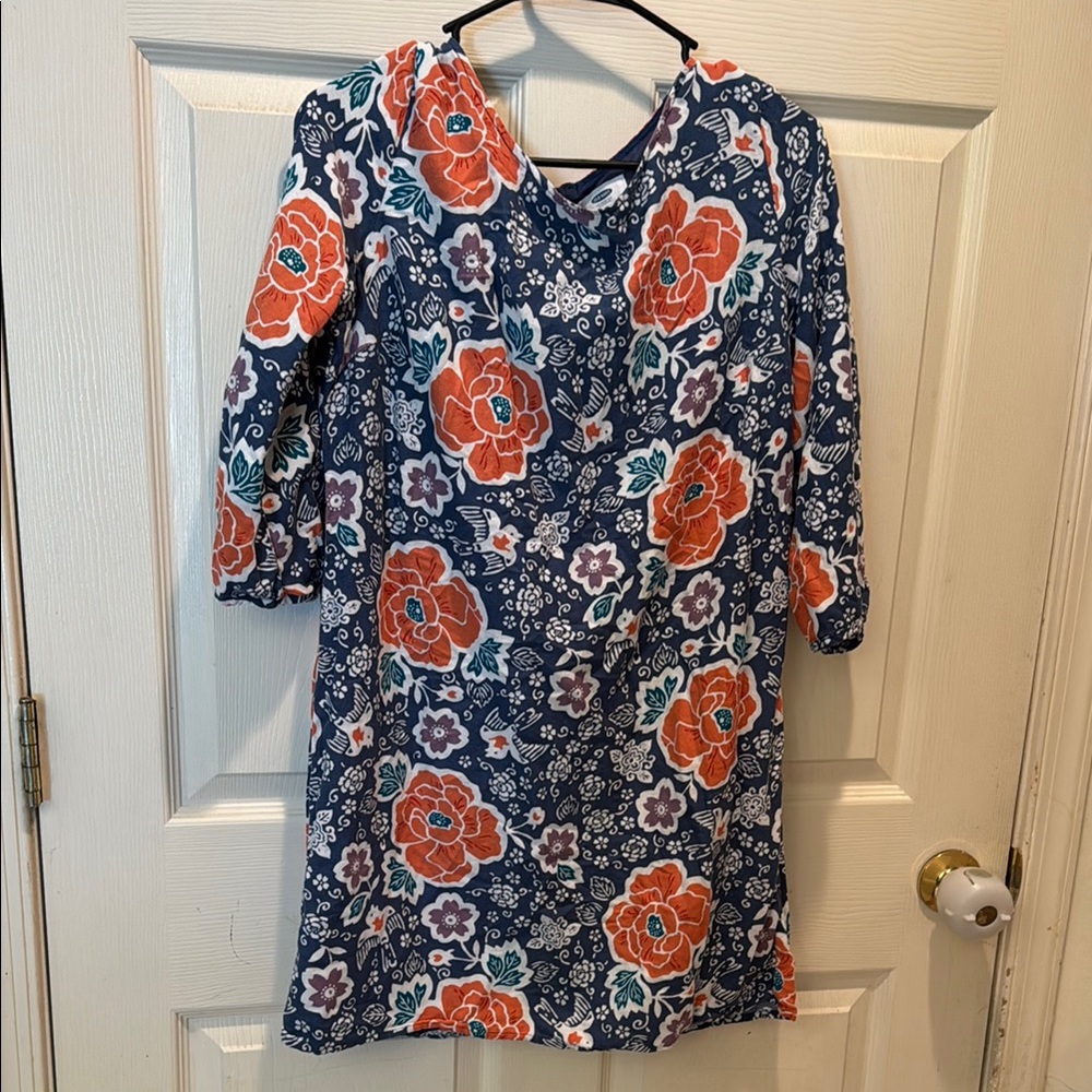 Floral Print Dress with Orange and Blue Design